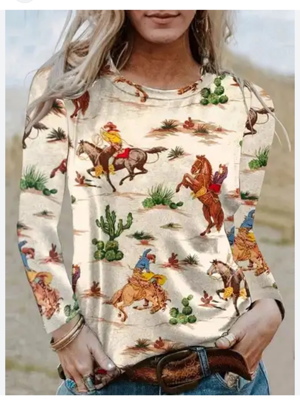 Cream Western Cowboy knit Print Long Sleeve Top